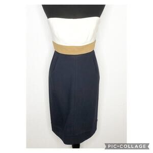 Diane von Furstenberg ivory tan navy blue color block strapless dress size 6